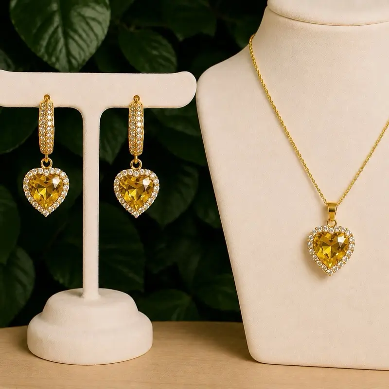 Yellow heart earrings and necklace set gold dipped bundle