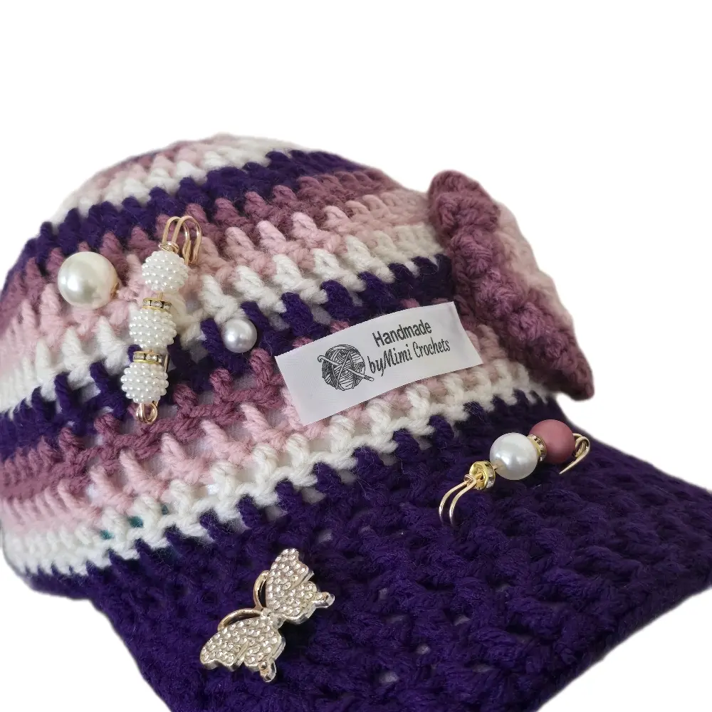 Handmade byMimi Crochets Upcycled Crochet Baseball Cap with Pearl Accents and Bow Detail