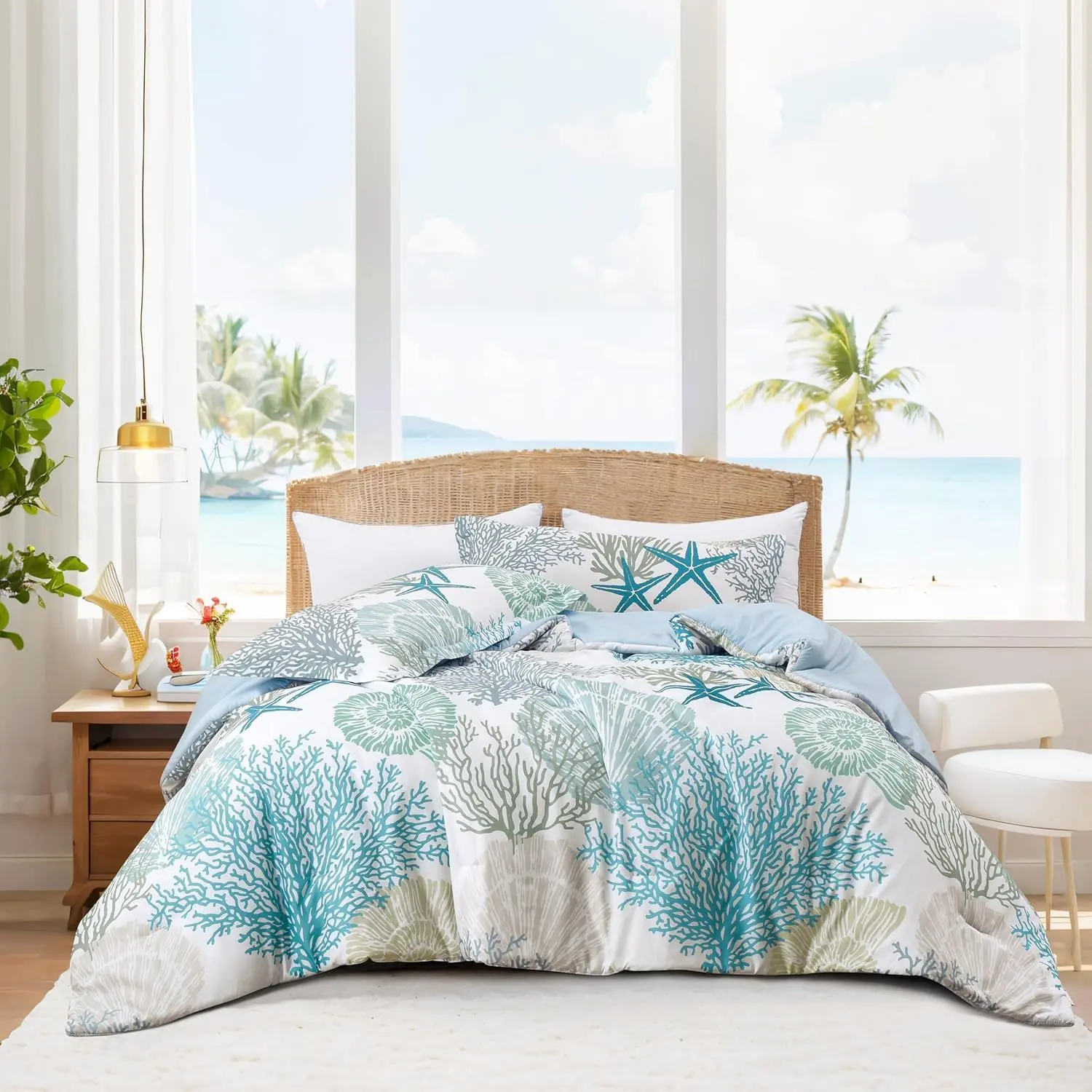Coastal Comforter Set  Size 3 count, Soft Beach Themed Comforter,  Nautical Lightweight Bedding Sets for All Seasons, (1 Reversible Comforter and 2 Pillow Shams), 104''x90'', C1