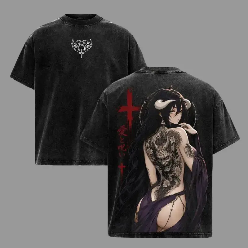 Unisex Oversized Albedo Overlord Vintage Washed Menswear Tee - Japanese Irezumi Gothic Blackwork Tattoo Art, Dark Fantasy Succubus Queen Anime Double Print, Heavyweight Cotton Tops, Shortsleeve Manga T-Shirt
