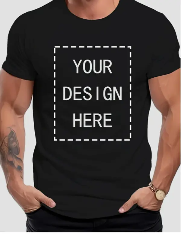 Men's Customizable Black T-Shirt - ized Logo/Text/Design, Short Sleeve, Custom Printing for Branding, Events, Promotions - Bulk Orders Welcome, Casual Fit & Easy Upload via Website/Gmail/Excel