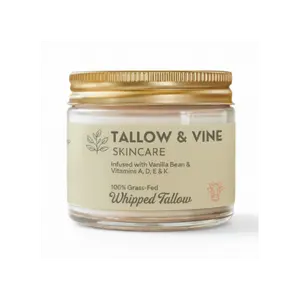 Tallow & Vine Skincare 100% Grass-Fed Whipped Tallow Balm with Vanilla Bean - Deep Nourishment, Long-Lasting Hydration, Skin Barrier Support - Fragrance