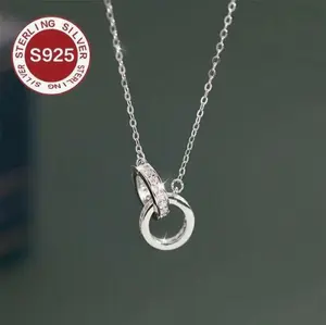 S925 Sterling Silver Low-Allergy Double Ring Necklace – Light Luxury Interlocking Rings on Collarbone Chain, Versatile Daily Wear Accessory