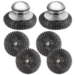 2Pcs Stainless Steel Wool Scrubber with Handle, 4 Replacement Steel Scrubber Wool Pads，Stainless Steel Scrubber for Cleaning Cast Iron, Dishes, Kitchen Pots, Pans, Grills, Stoves, Sink