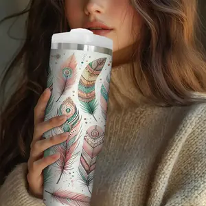 30 Oz Insulated Stainless Steel Water Cup with Lid & Straw, Feather Pattern Travel Mug Tumbler for Summer & Winter, Perfect Gift for Friends & Family
