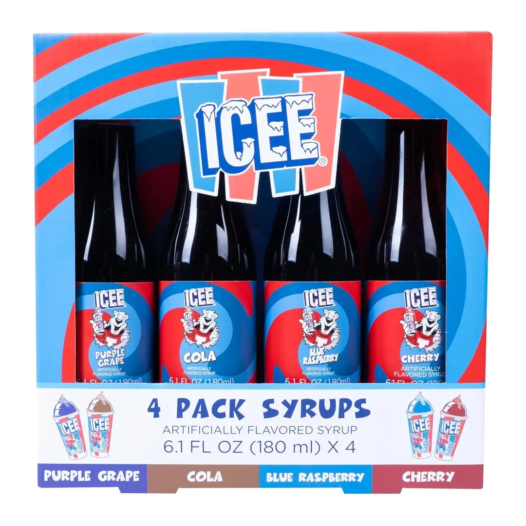 ICEE 4 Pack Slushie Syrup - Genuine ICEE Shaved Ice Snow Cone Syrups including Purple Grape, Cola, Blue Raspberry and Cherry Flavors - 4x 6.1floz. Perfect For Snow Cones, Slushies, Sodas & Ice Pops