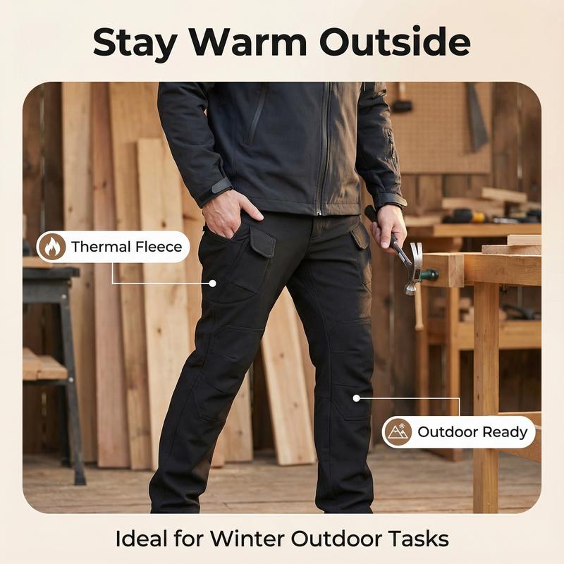 Men's Fleece-Lined Windproof Warm Tactical Pants 400g Knitted Fabric Mid-Rise Multi-Pocket Standard Fit for Autumn Winter Outdoor Wear