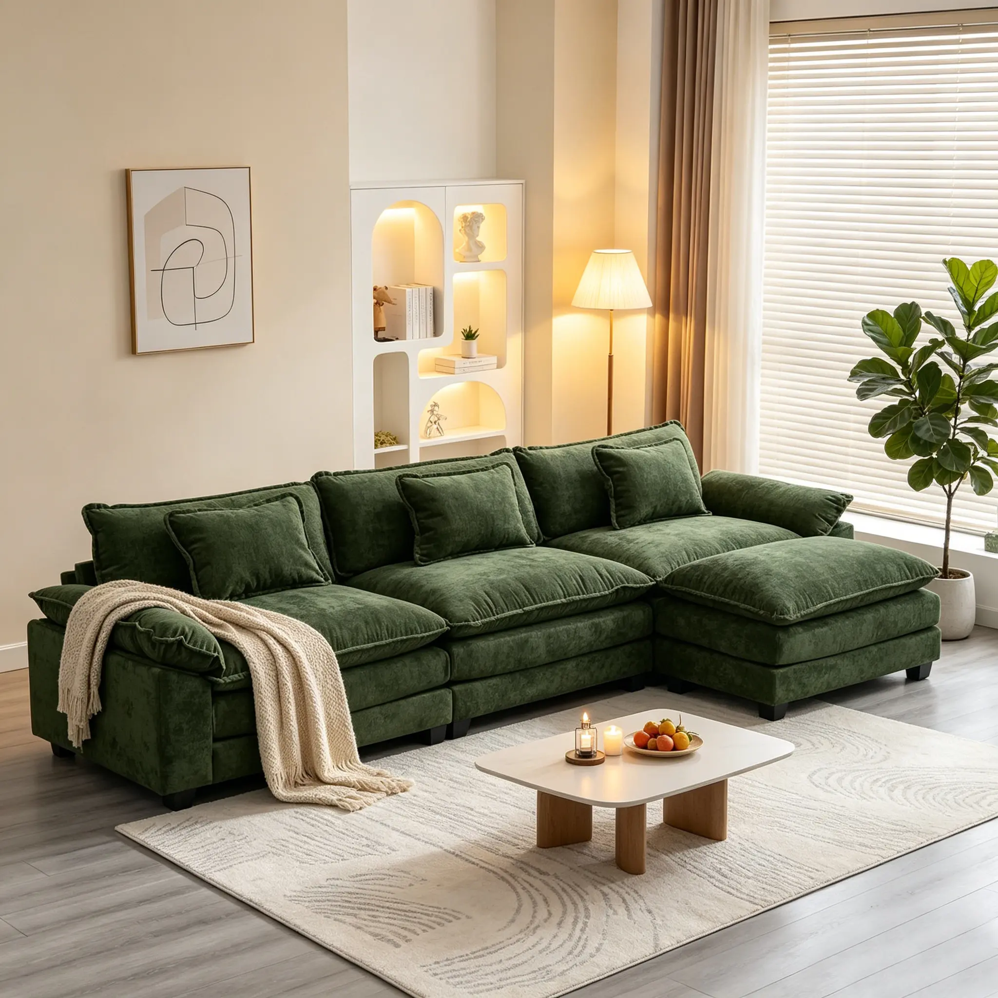 STHOUYN 120" L-Shaped Modern Upholstered Modular Sectional Couch, Chenille Deep-Seat Indoor Sofas with Throw Pillows, Functional Apartment Furniture for Living Room Relaxation (Multiple Packages Shipping)