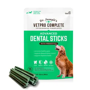 Dr. Joseph's Vetpro Complete Advanced Dental Sticks with Prebiotics, 15 Sticks, Cleans Teeth, Freshens Bad Breath, and Supports Gut Health, Target Tartar and Plaque Build Up, Veterinarian Formulated