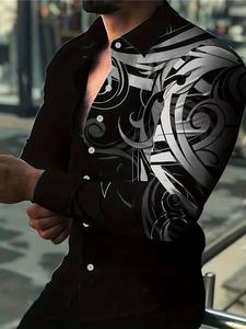Menswear Men's Stylish Casual Long-Sleeve Fitted Button-Down Shirt - Black Polyester Top with Silver-White Designs, Button Embellishment, for Daily Life, Party Wear