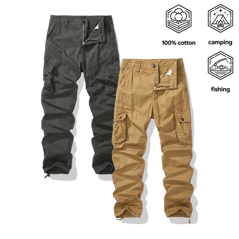 2 Pack Men's 100% Cotton Cargo Pants Multi Cargo Pockets Drawstring Ankle Cuffs for Camping Fishing Outdoor Work Casual Wear zipper autumn father ideal