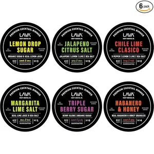 LAVA Premium Cocktail Rimmers Variety: Jalapeno Citrus Sea Salt 6oz, Lemon Drop Sugar 5oz, Margarita Lime Sea Salt 6oz, Honey Habanero 5oz, Chile Lime Clasico 5oz, Triple Berry Sugar 5oz