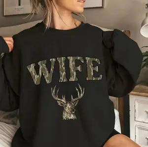 Wife Deer Hunt Camo Bottomland Pattern Crewneck Sweatshirt Mama Hunting Season Tee Gift