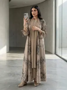 Elegant Women's Tie Dye Print Open Abaya with Headscarf, Muslim Fashion Long Sleeve Abaya Hijab Set for All Seasons, Modest Muslim Outfits, Modesty Clothing