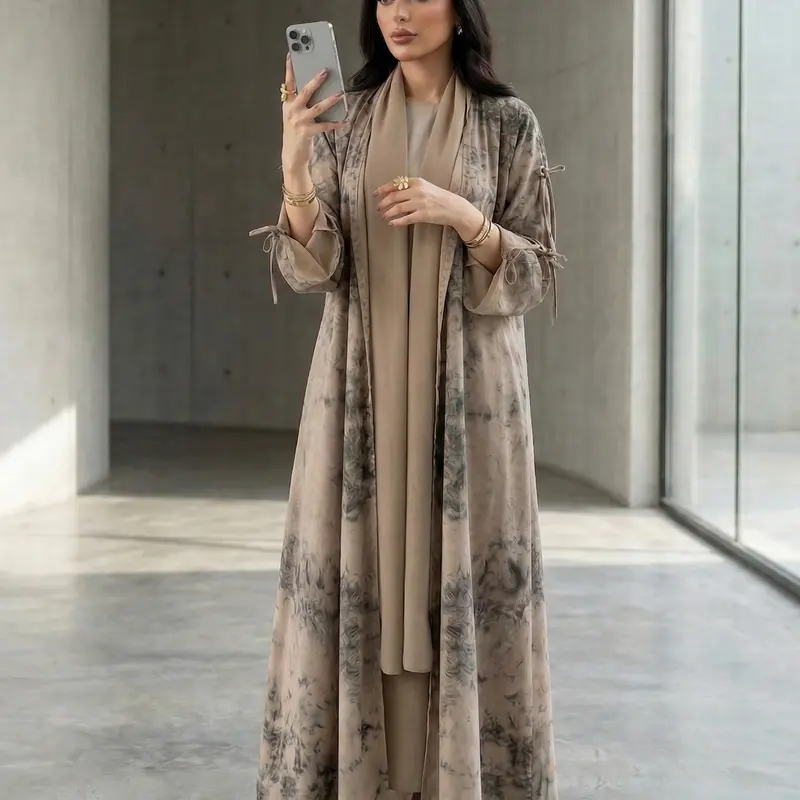Elegant Women's Open Modesty Abaya with Tie Dye Print and Headscarf, Long Sleeve Casual Style for All Seasons, Muslim Fashion, Islamic Modesty Clothes, Modest Islamic Abaya Hijab Set