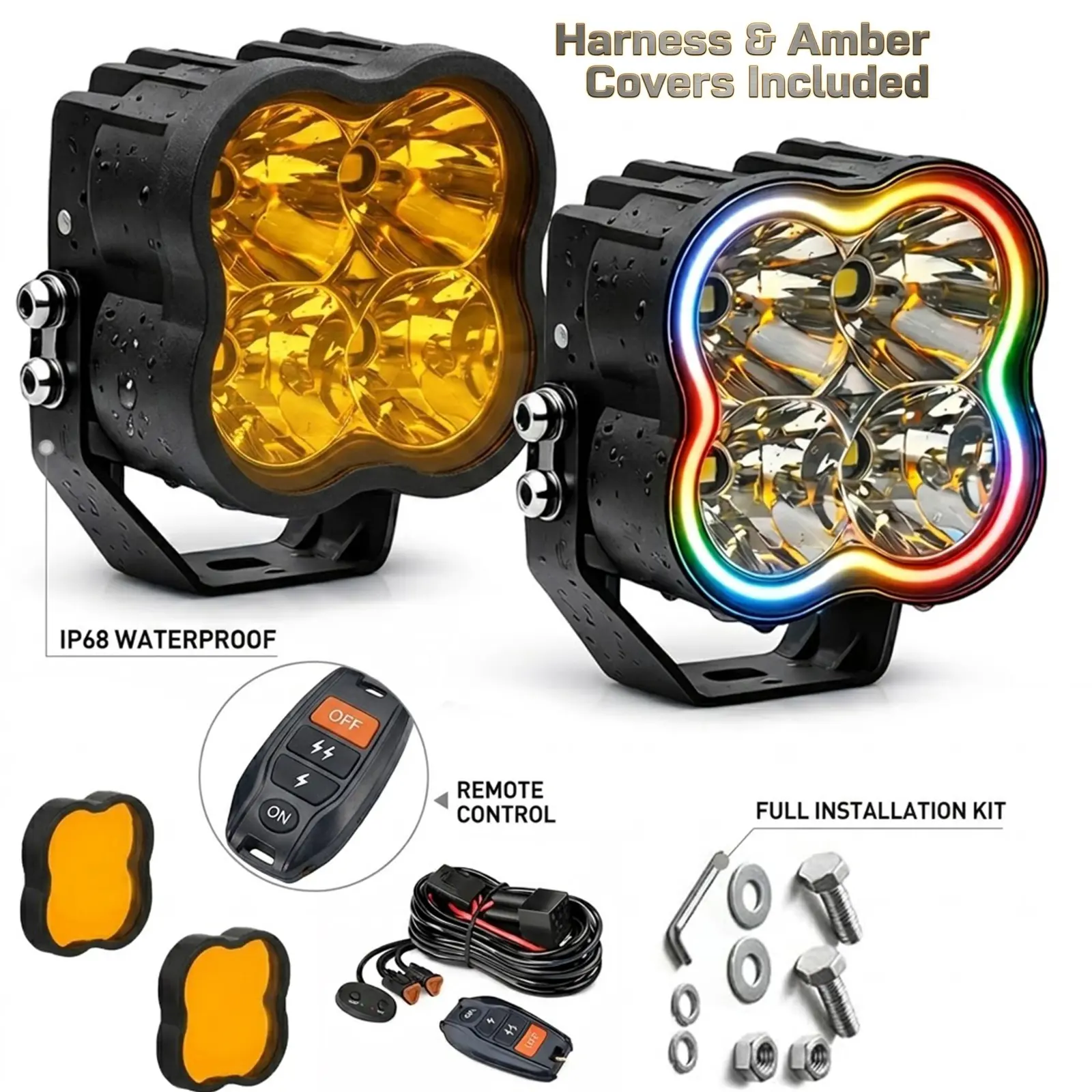 BLUEMOTOR Quadra Series 4-in RGB 5-Color DRL LED Pod Lights, 200W 15000LM Combo Beam, IP68 Headlight Waterproof, Luminous Gradient Mode, Wireless LED Headlight Kit for Jeep, Boat, Truck SUV Offroad Work Lights