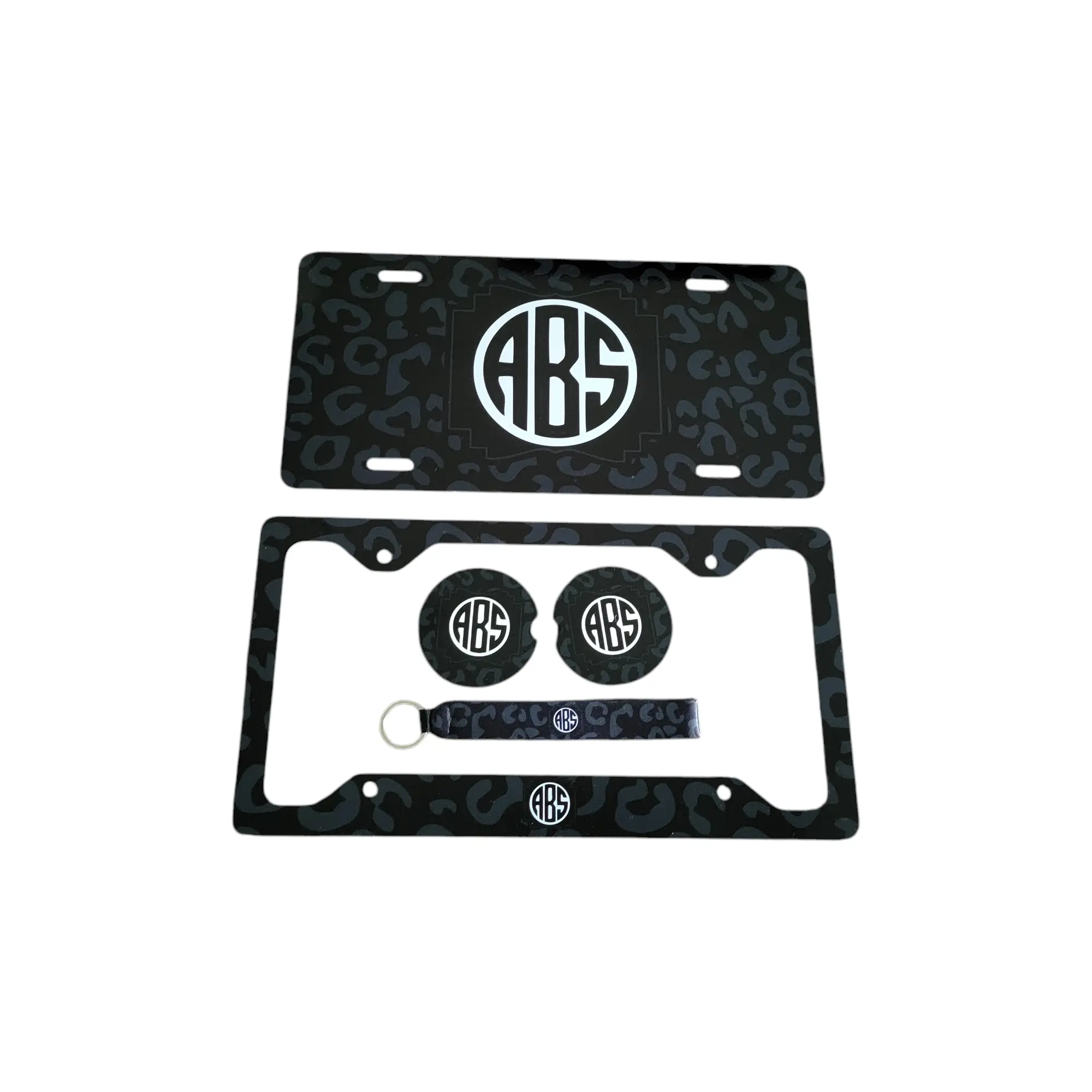 Personalized Black and Gray Cheetah Car Accessories with Custom Monogram or Name