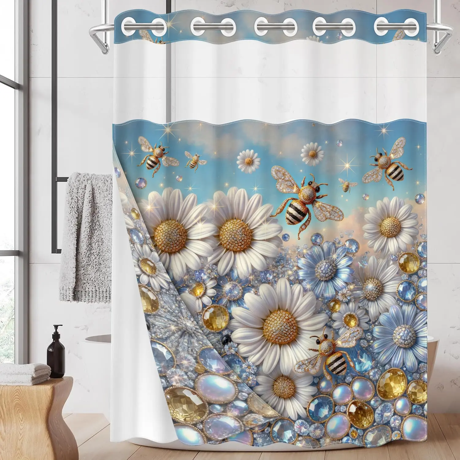 1PC 2D Flat Luxury Rhinestone Daisy Bee Shower Curtain, Gem Inlaid Floral Insect Design, Waterproof Detachable Liner Bathroom Curtain (No Hooks)