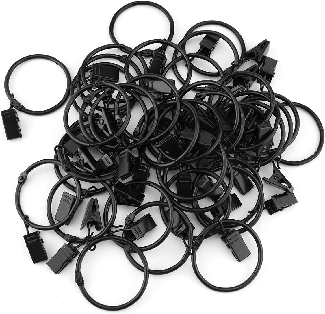 12/24/36 Pack Black Metal Shower Curtain Rings with Clips 1.26 Inch (3.2 cm) Interior Diameter, Fits up to 1.2 Inch Rods, Heavy-Duty Rustproof Decorative Vintage Eyelet Hangers for Drapery, Shower Curtains, Lights, Craft Projects, and Rod Hangers