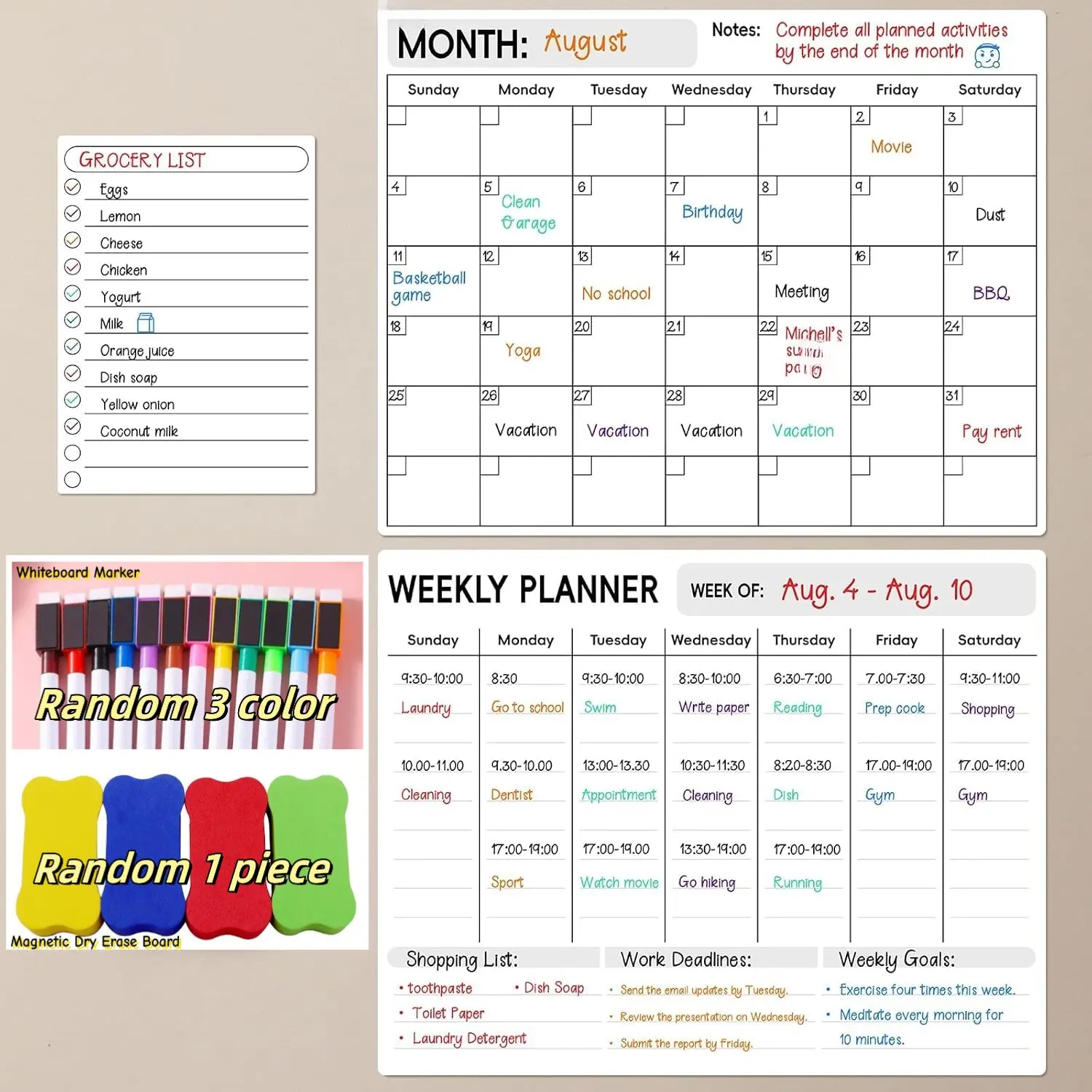Magnetic Dry Erase Whiteboard Calendar for Fridge, Monthly & Weekly Planner, Grocery To-Do List, Daily Office Essentials, Office Stationery Supplies