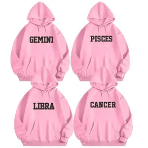 Minimalist Zodiac Graphic Hoodie, Pink Pullover with Bold Zodiac Signs, Unisex Horoscope Sweatshirt for Men & Women, Trendy Astrology Apparel for Gemini, Pisces, Libra & Cancer - LORA ATCHER