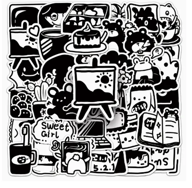50 Original Black‑and‑White Cartoon Graffiti Stickers, Suitcase Stickers for Journaling and Kuka Card Decoration