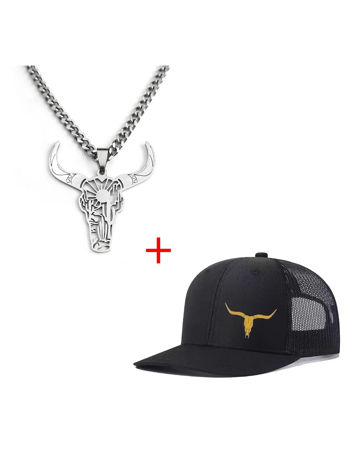 Unisex Bull Head Necklace & Baseball Cap Set, Casual Fitted Design, All-Season Wear, Ideal for Men & Women, Perfect for Daily, Statement Necklace, Trendy Charm Necklaces
