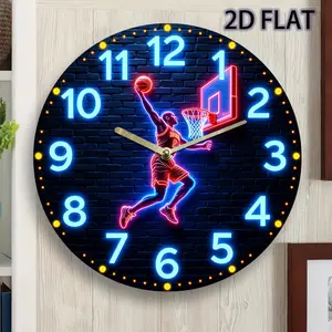 2D design, 1 piece 12inch Silent round wall clock with a basketball player dunking pattern - Made of acrylic, quartz movement, battery-powered (AA batteries not included), suitable for bedroom, kitchen, study, garage, Christmas gift decoration, living roo