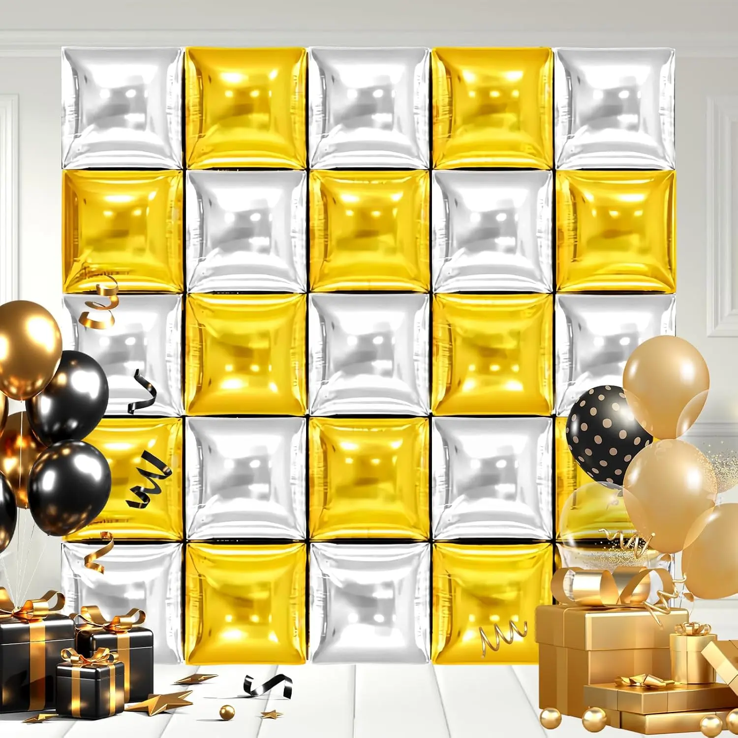 25-Piece Silver & Gold Square Foil Balloon Wall Kit Double-Sided Arch for New Year & Graduation