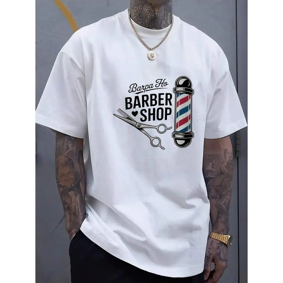 Men's Casual Graphic Tee Features A Design With Scissors And Traditional Barber Shop Pillars, A Men's Barber Shop Graphic T-Shirt Made Of Cotton