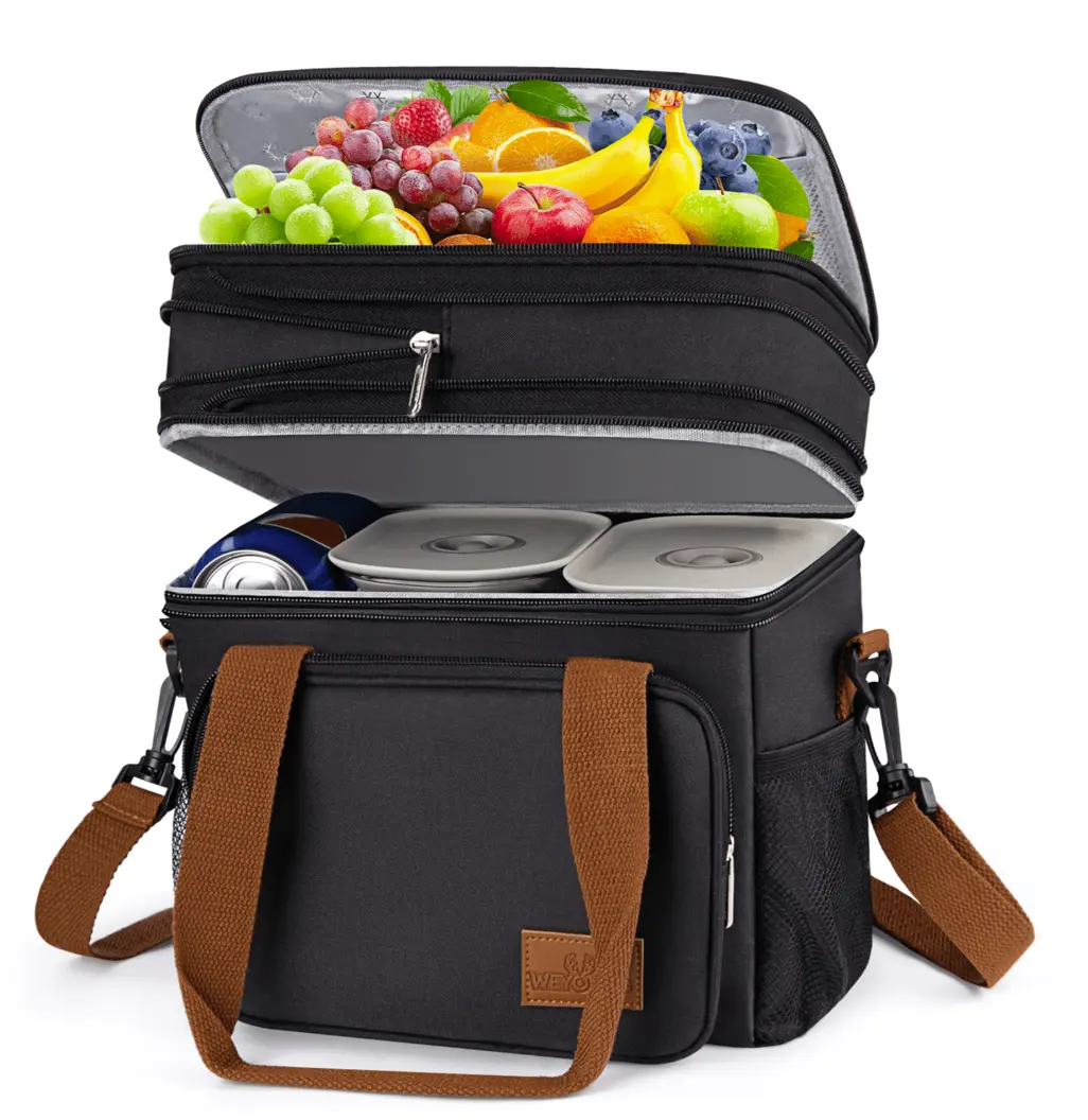 Insulated Lunch Bag, 17L Expandable Double Deck Lunch Box for Women/Men, Leakproof Freezable Cooler Box W/ Side Tissue Pocket&Adjustable Shoulder Strap, Suit for Work,Camping,Picnic