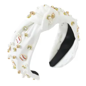 Baseball Headbands for Women Pearl Crystal Knotted Headband Bejeweled Baseball Charm Embellished Headband Wide Knot Sports Headpiece Game Day Hair Accessories