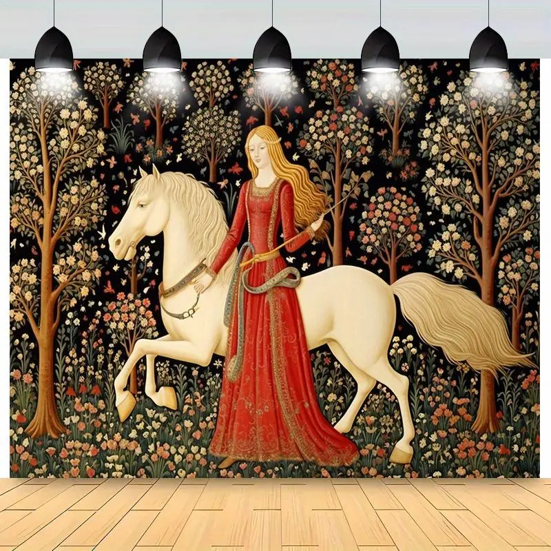 1pc Medieval Knight & Floral Printed Polyester Tapestry Banner - Durable, Machine Washable, Stain Resistant, Modern No-Power-Required Textile Backdrop for Wedding Decor - Indoor-Outdoor Textiles & Soft Furnishings Accent