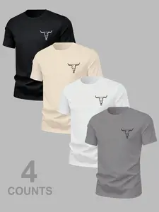 Men's Versatile Cow Head Animal Print T-Shirt 4 Pack, Summer Round Neck Short Sleeve, Casual Comfortable Top for Outdoor Wear