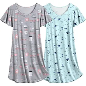 2 Pack Women's Nightgown Short Sleeve Nightshirts Comfy Soft Pajama Sleep Dress