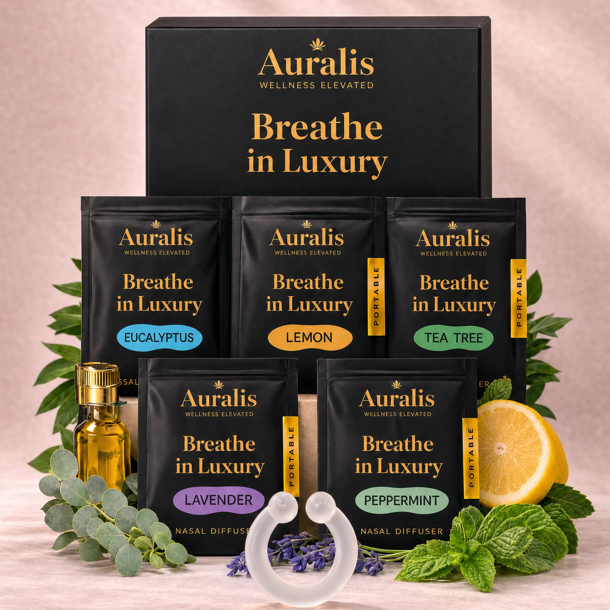 Auralis Discovery Set - 5-Piece Nasal Diffuser Rings, Natural Essential Oils Set for Aromatherapy with Lavender & Lemon, Wellness Support, Multiple Uses Nasal Ring Natural Oils