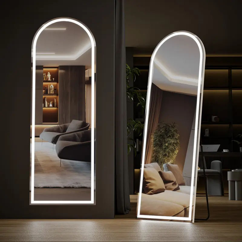 Sweet Furniture S Aluminium LED Dimmable Floor Mirror - Adjustable Full-Length Stand Mirror with Warm & 2 Additional Color Lighting, Dimming Functionality
