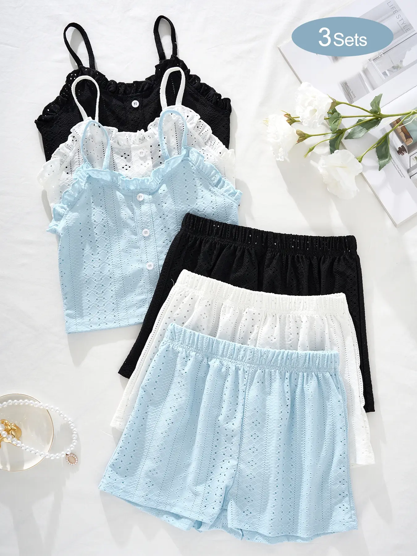 Women's Three-Piece Home Set Outfit, Womenswear Solid Color Breathable Lightweight Hollow Out Top and Shorts, Casual Women's Homewear, Perfect for Relaxing at Home