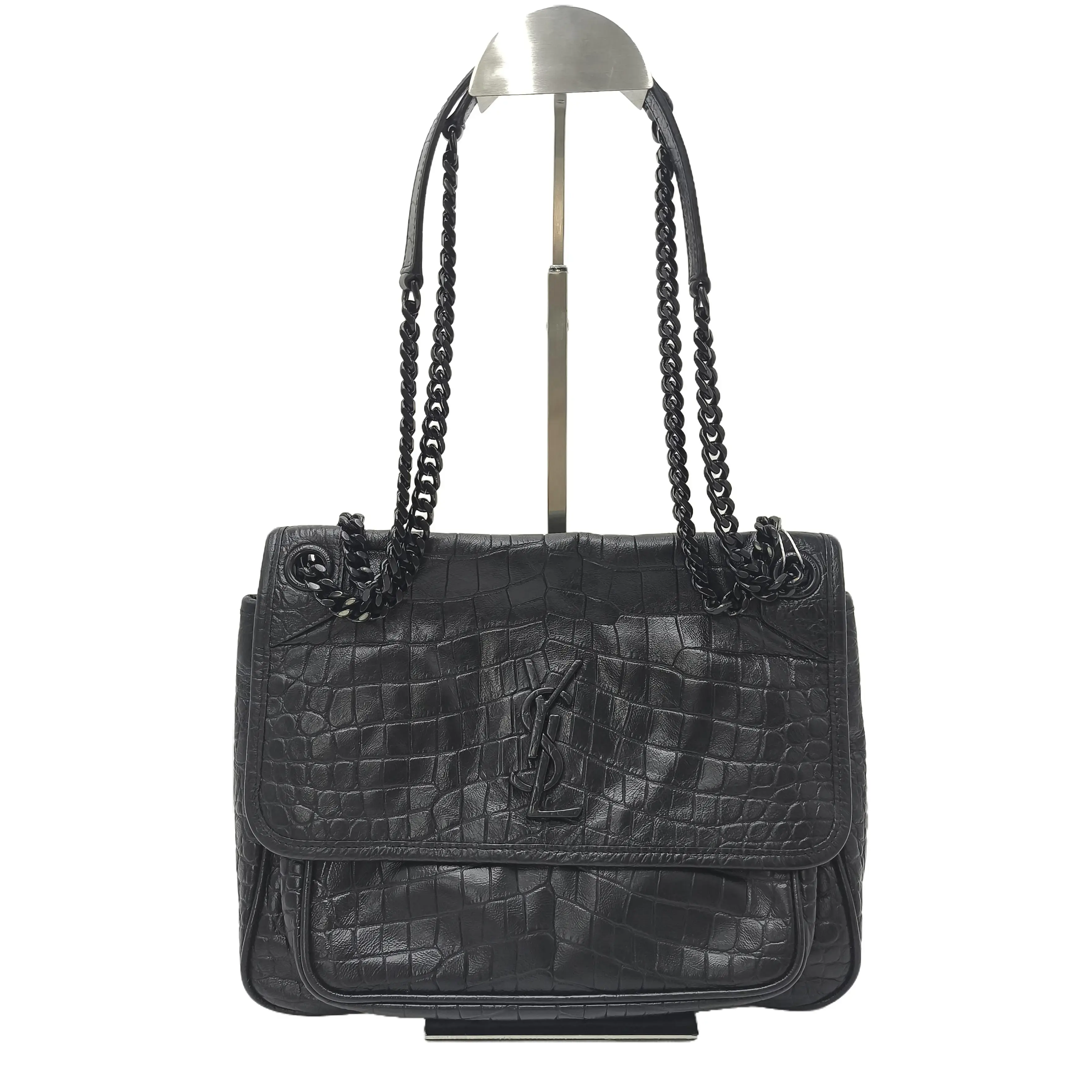 Pre-owned Yves Saint Laurent Calfskin Shoulder bags Black Niki Medium Shoulder Bag For Women With Black Metal Chain Strap For Daily Crossbody Wear