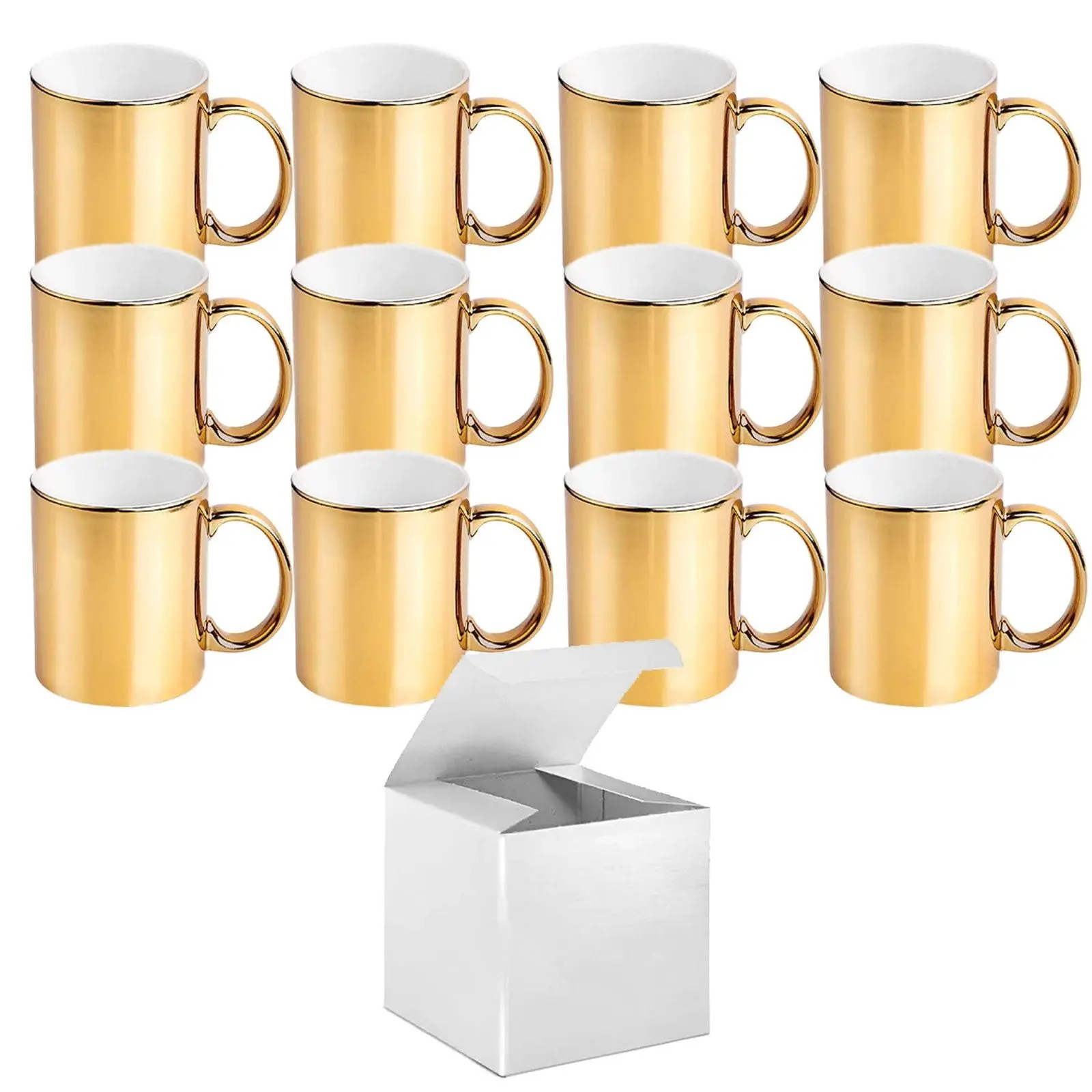 12 Pack of 11 oz. METALLIC GOLD Ceramic Sublimation Mugs with White Gift Boxes