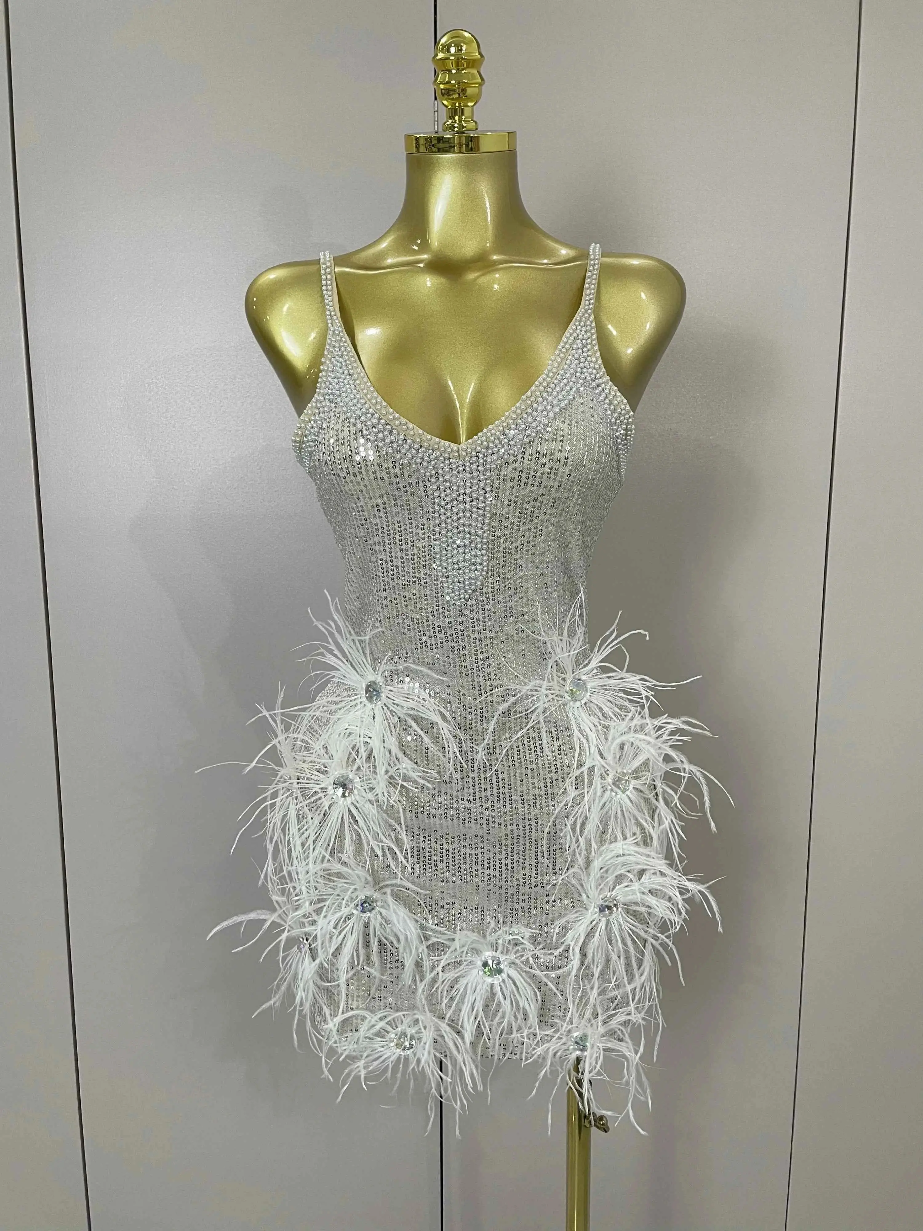 Simone Sparkling Diamond Feather Halter Sequin Mini Dress