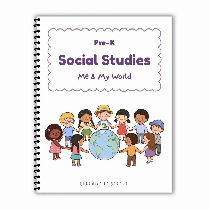 Pre K Social Studies Workbook - 21 Activities for Homeschool Early Education - All About Me, Family, Community Helpers, Emotions, Good Choices, Weather