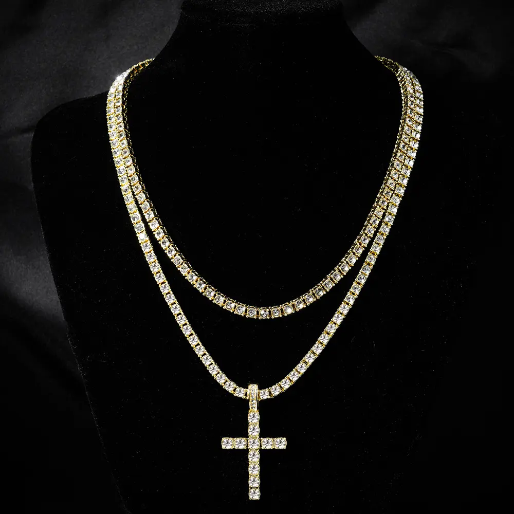 Zinc alloy rhinestone cross pendant necklace 4mm single row diamond tennis chain Zinc alloy rhinestone cross pendant necklace 4mm single row diamond tennis chain