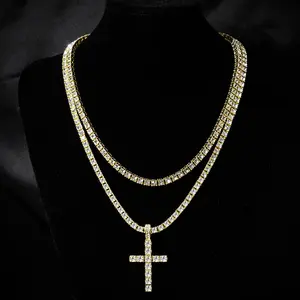 Zinc alloy rhinestone cross pendant necklace 4mm single row diamond tennis chain