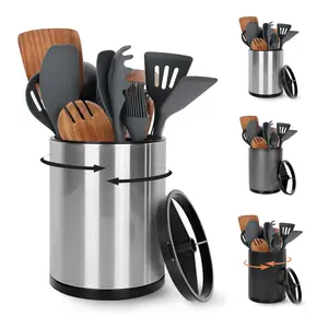 360° Rotating Kitchen Utensil Holder, Extra Large Stainless Steel Cooking Utensil Holder for Countertop, 3 Compartment Flatware Organizer & Cooking Caddy with Removable Base（Silvery）