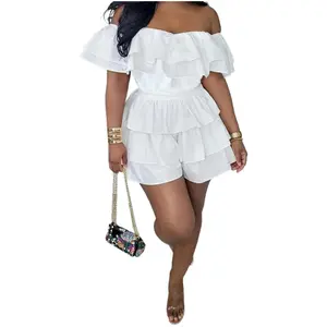 [Elegant Off Shoulder Romper] Elegant Off Shoulder Romper - Solid Ruffle Layer Short Sleeve Waist Jumpsuit - Women's Clothing