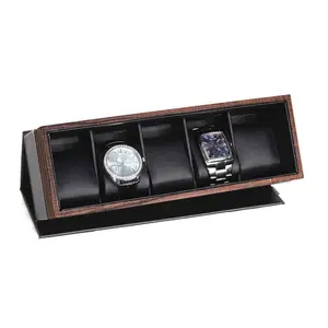 5-Slot Flip Top Carbon Fiber Watch Box with Wood Grain Trim