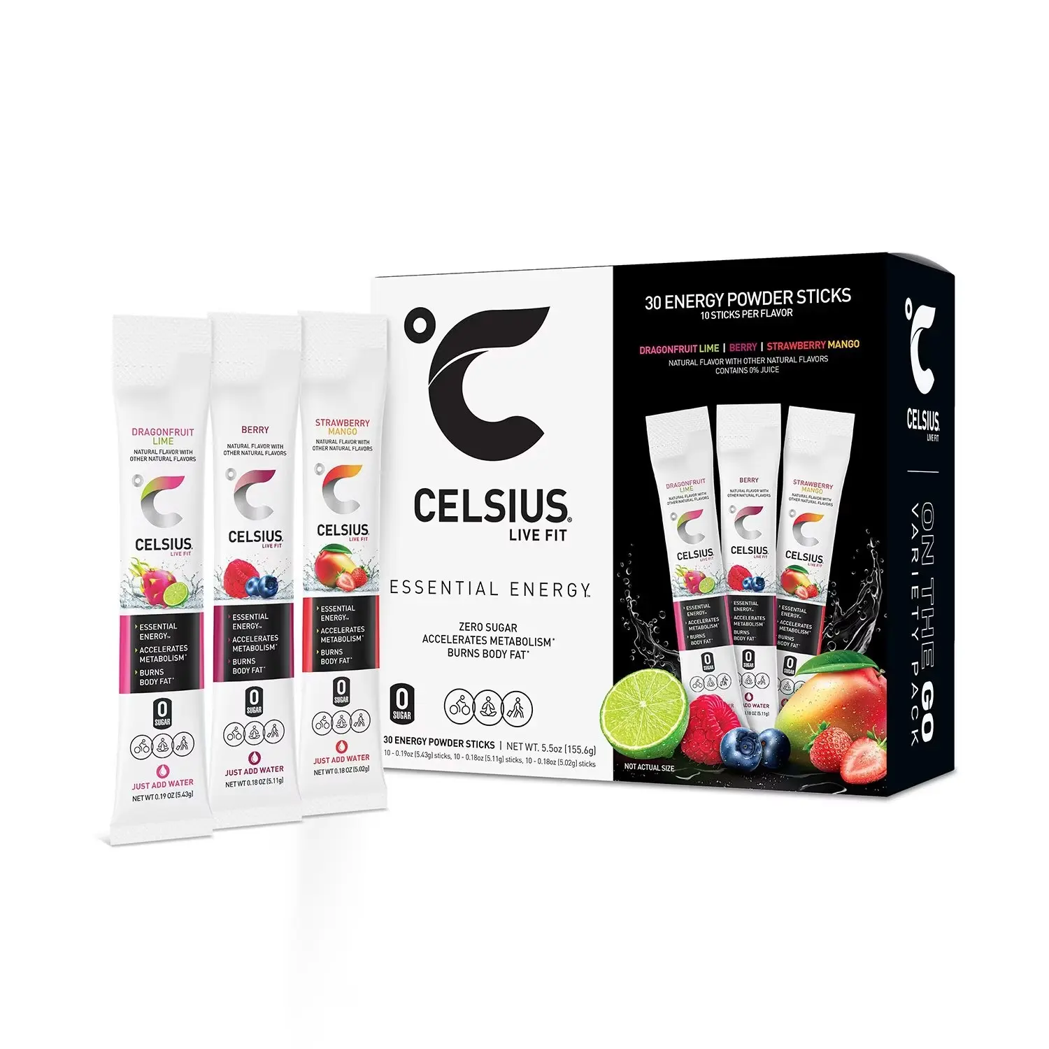 Celsius On The Go Powder Sticks Variety Pack Essential Energy 30 pk. Live Fit Vitamin Supplement for Healthcare, Fitness, Zero Sugar