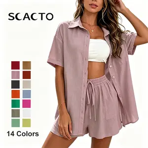 Scacto Women's Fashion Shorts Two Pieces Solid Color Shirt Suit Lady's 2-Piece Summer Casual Clothes Set - Single-Breasted Cardigan, Lapel Polyester Top & Loose-Fitting Above-Knee Woven Shorts with Slight Stretch, Stylish Loungewear, Tops