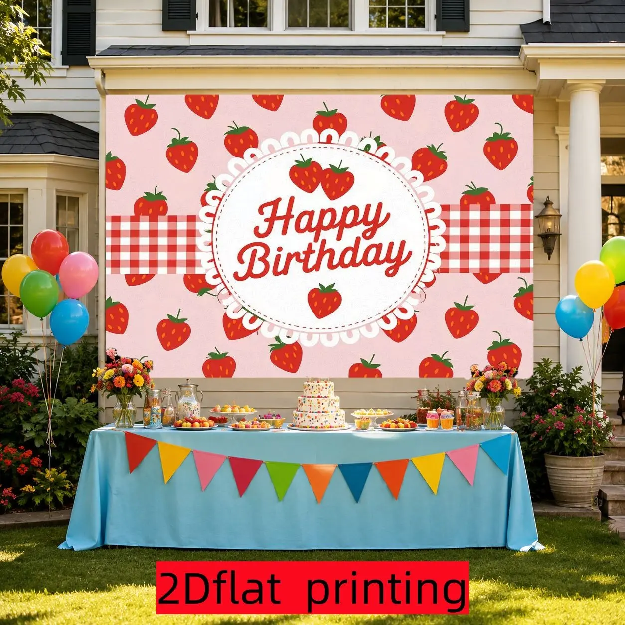 2D Flat 1PC Polyester Strawberry Themed Happy Birthday Backdrop Pink Plaid Decor for Indoor & Outdoor Birthday Themed Party, Celebration Gathering, Photo Booth, Wall Decor, Home Decoration, Event Background, Available in Multiple Sizes